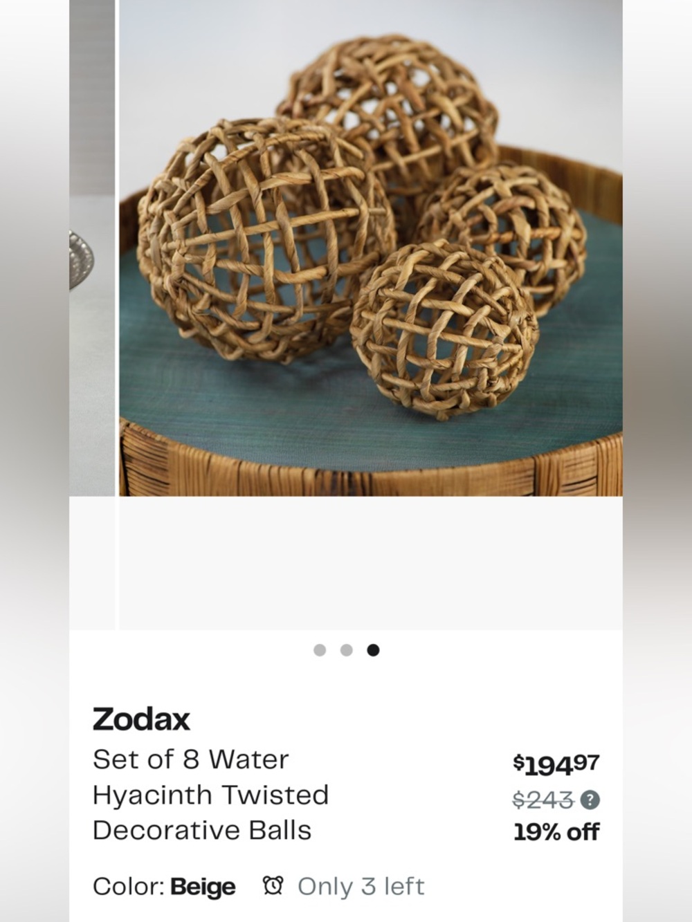 Zodax Natural Twisted Water Hyacinth Decorative Balls - Beige